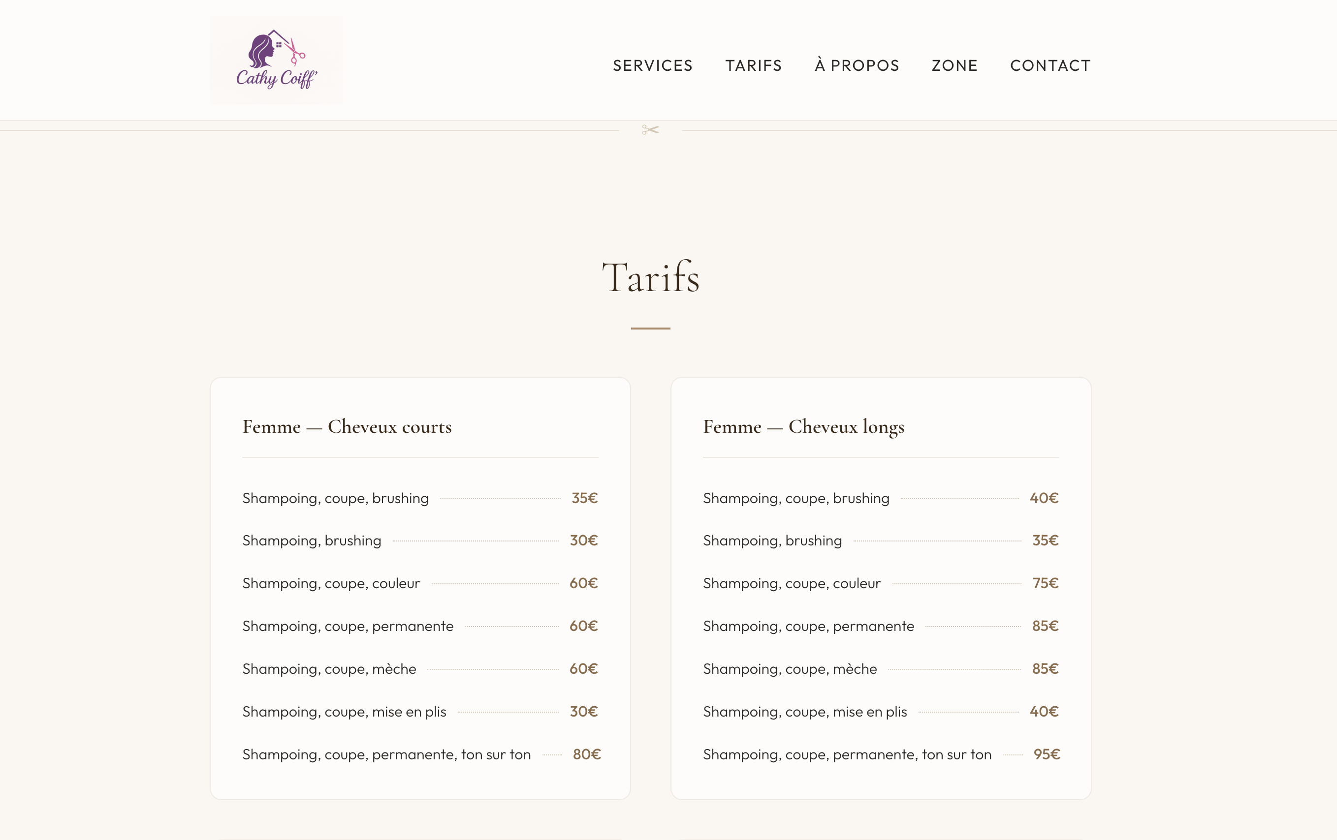 Page d'accueil du site Cathy coiffeuse à domicile